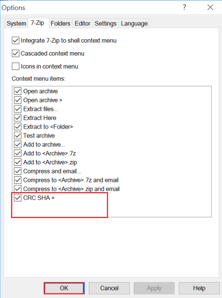 Disable CRC SHA 7 zip options