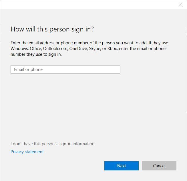 I don’t have person’s sign-in information windows 10 create new user